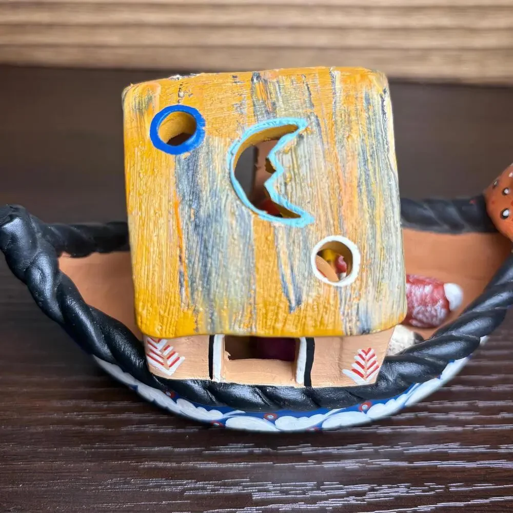 Handmade Peruvian Clay Nativity Scene in Jaguar Canoe: Folk Art Christmas Crèche